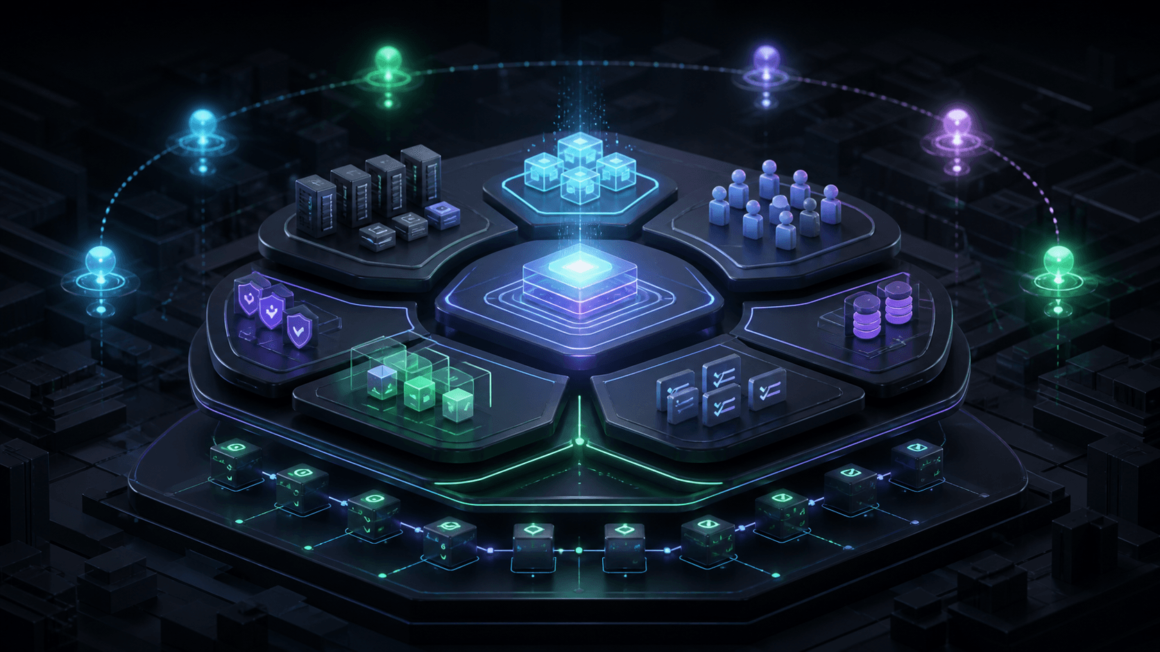 Repositories, teams, policies, tests, sandboxes, and agent nodes align into a clear autonomous engineering operating system.