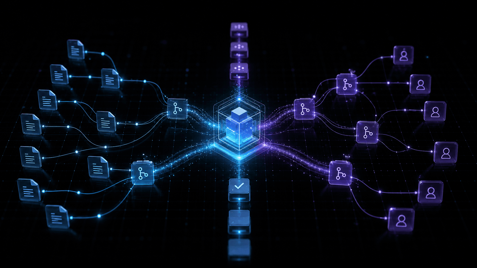 A luminous engineering graph connecting code files, pull requests, decisions, and owners around a central software system.