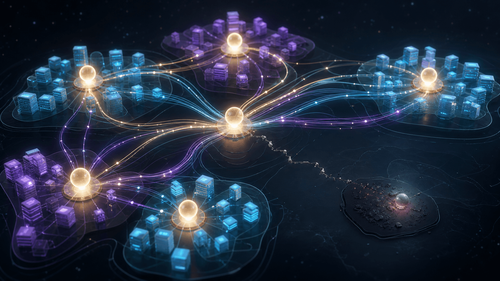 Software clusters connect to luminous expertise nodes, with one isolated area revealing concentrated knowledge risk.