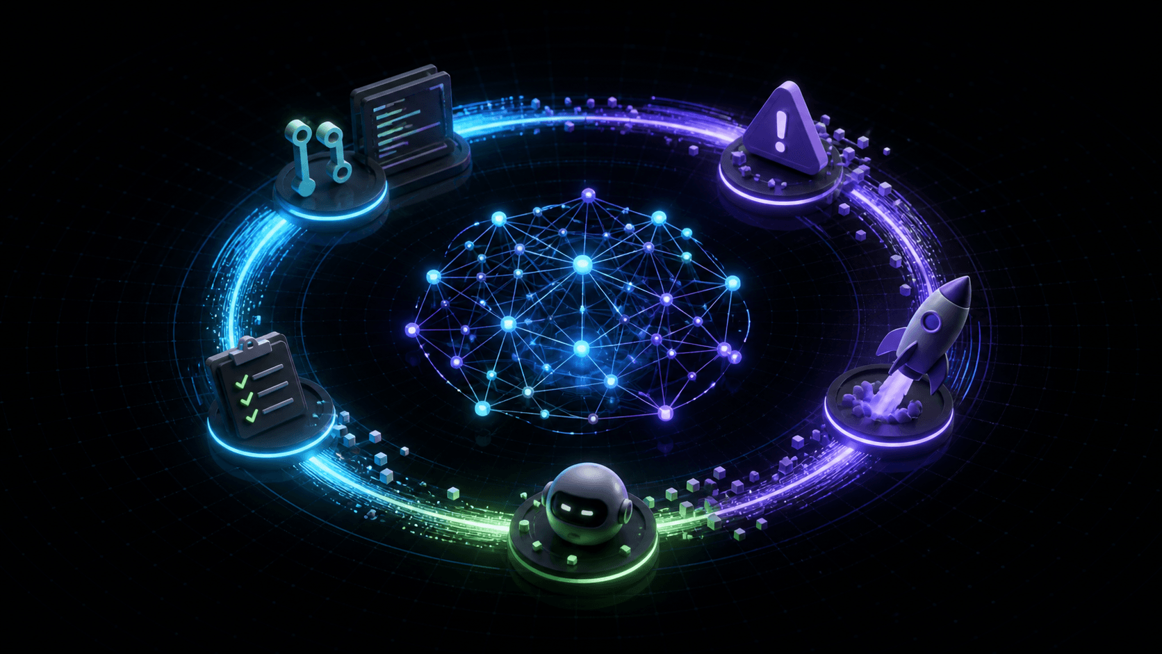 Pull requests, incidents, deployments, agents, and tests orbit a central engineering graph in a continuous learning loop.