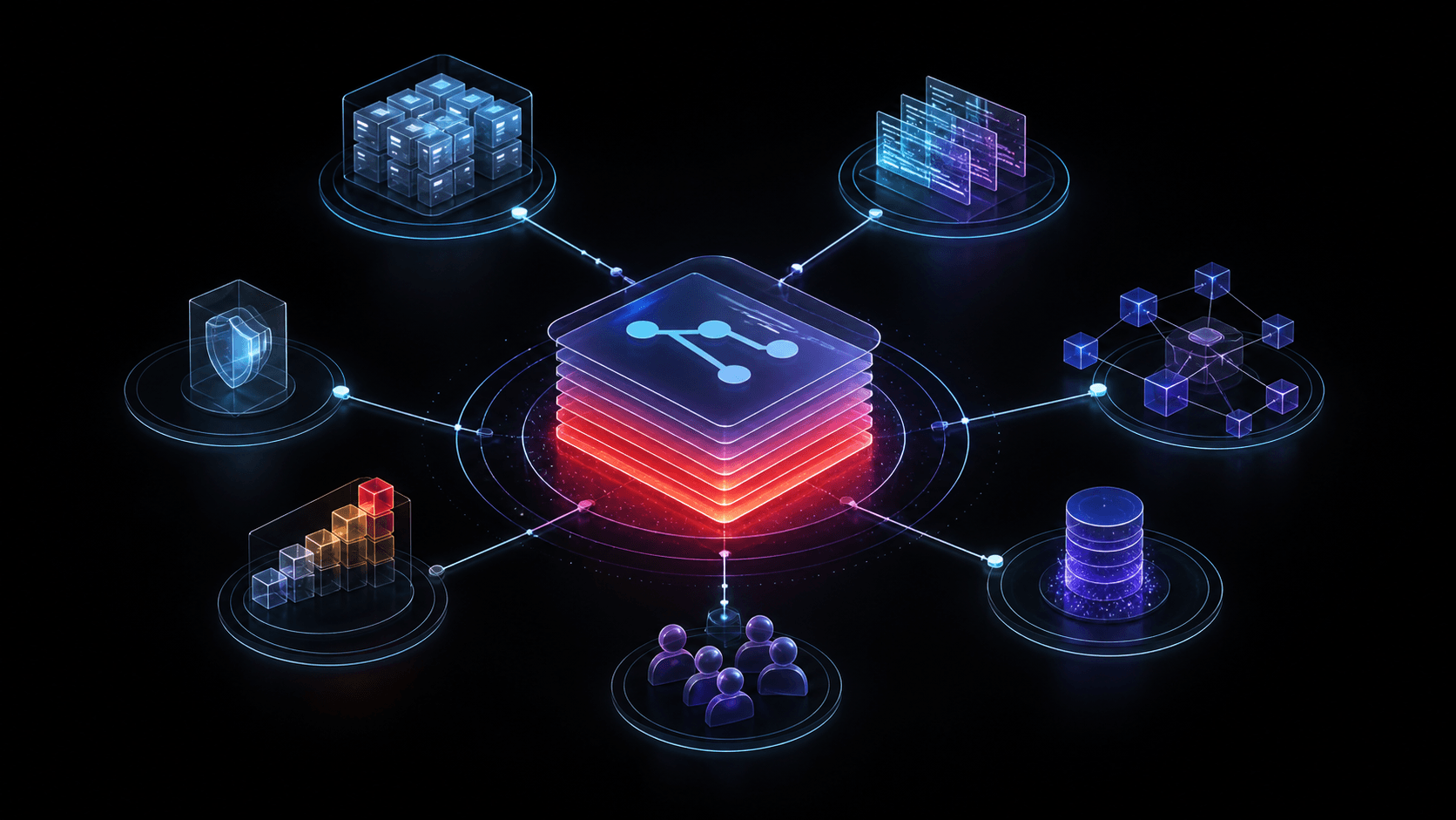 A pull request connects to dependencies, code, tests, owners, and risk evidence around a transparent central signal.