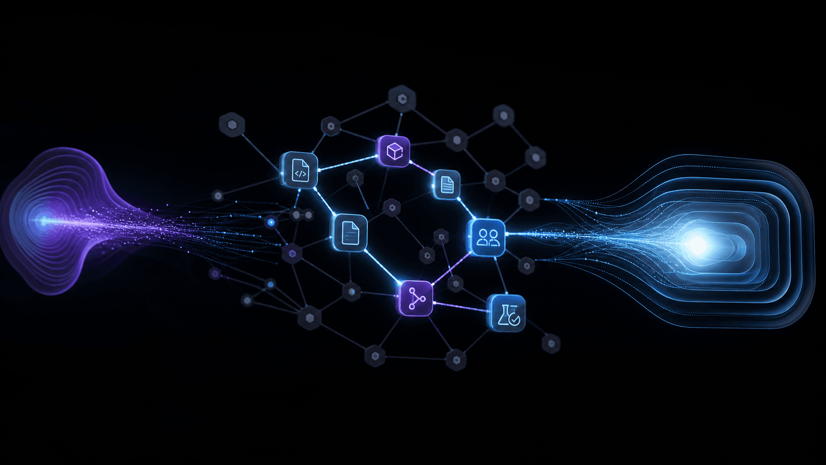A question pulse travels through a selected subgraph of code, services, people, and tests before becoming a grounded answer.