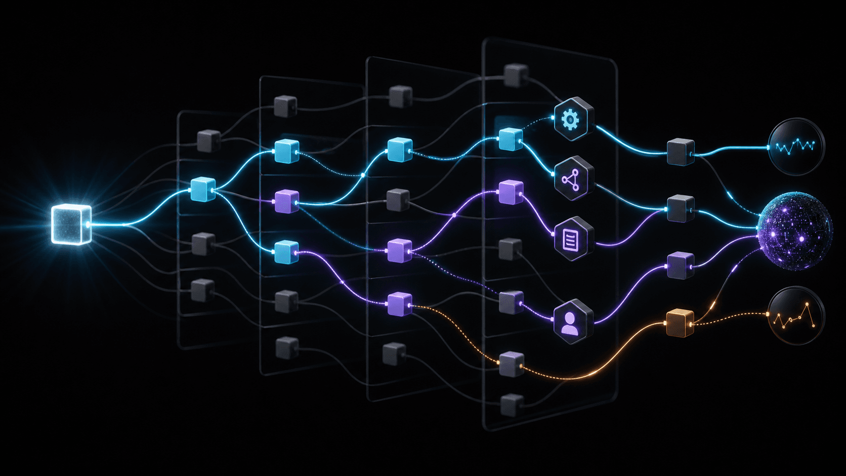 A changed software node sends highlighted paths through services, tests, owners, and production systems to reveal blast radius.