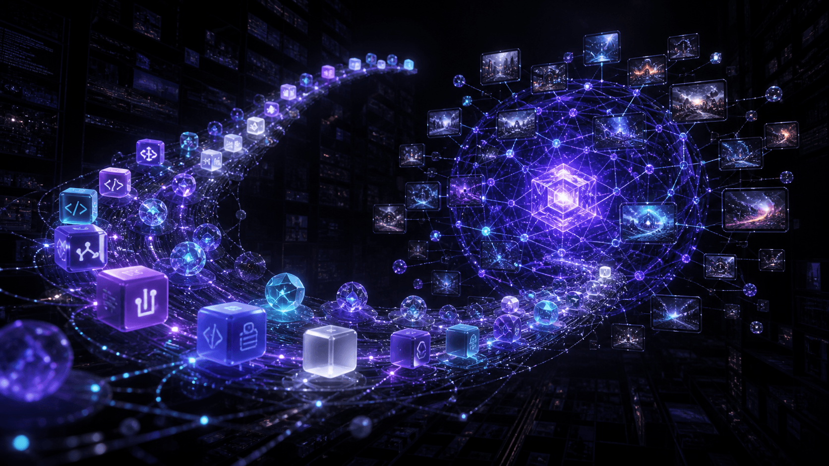 A timeline of incidents, decisions, commits, and outcomes flows into a persistent luminous software memory graph.
